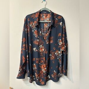 NYDJ Floral Collared Pullover Long Sleeve Blouse Navy Orange Women's Plus 2X